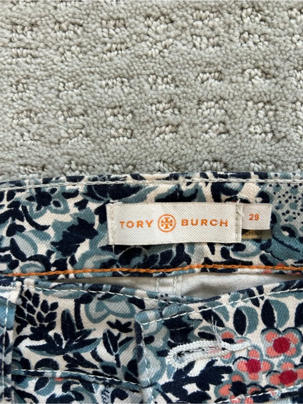 Tory Burch Floral Ankle Skinny Jeans - Navy, Coral & Cream